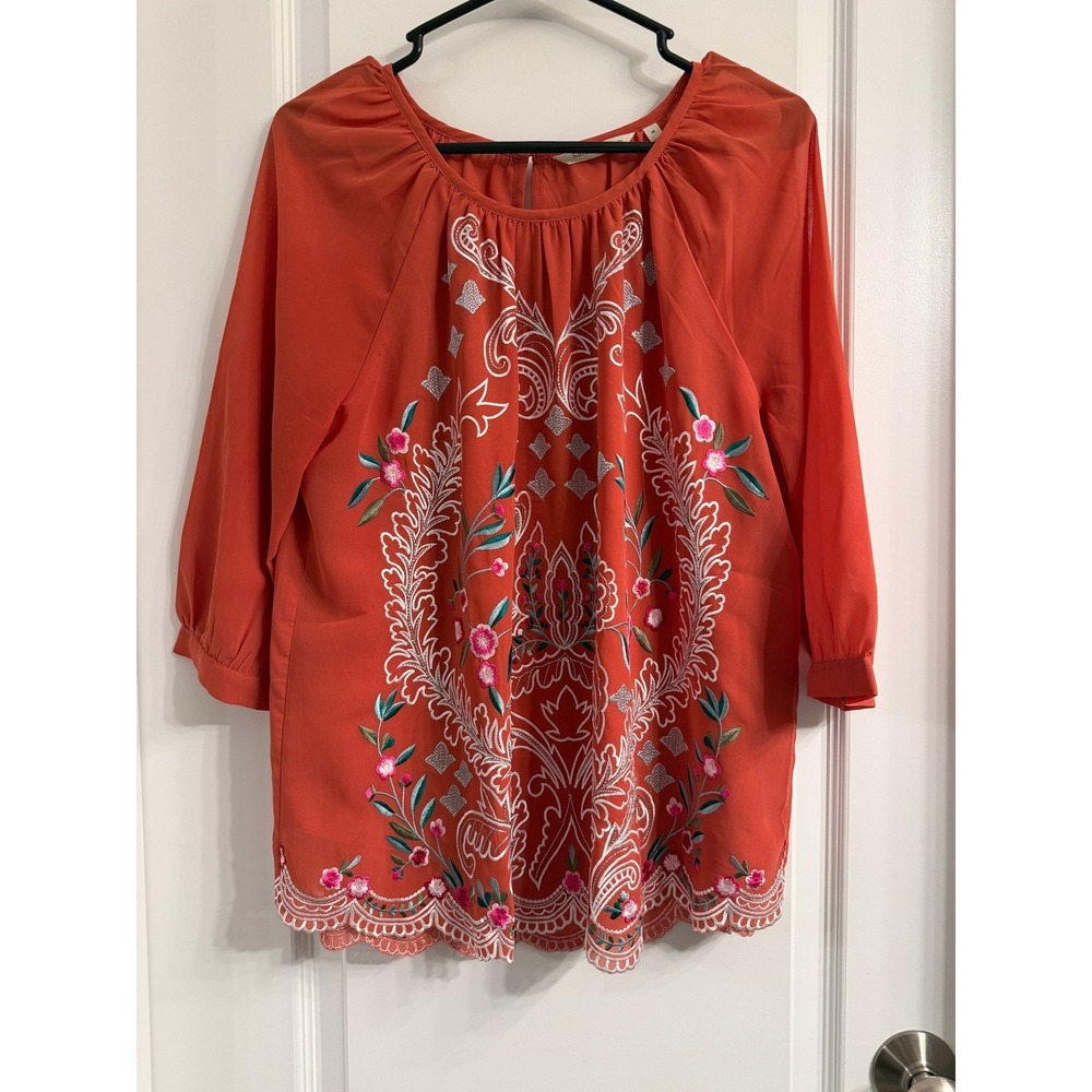 Soft Surroundings Embroidered Boho Blouse Orange Floral Scalloped Hem‎ Medium